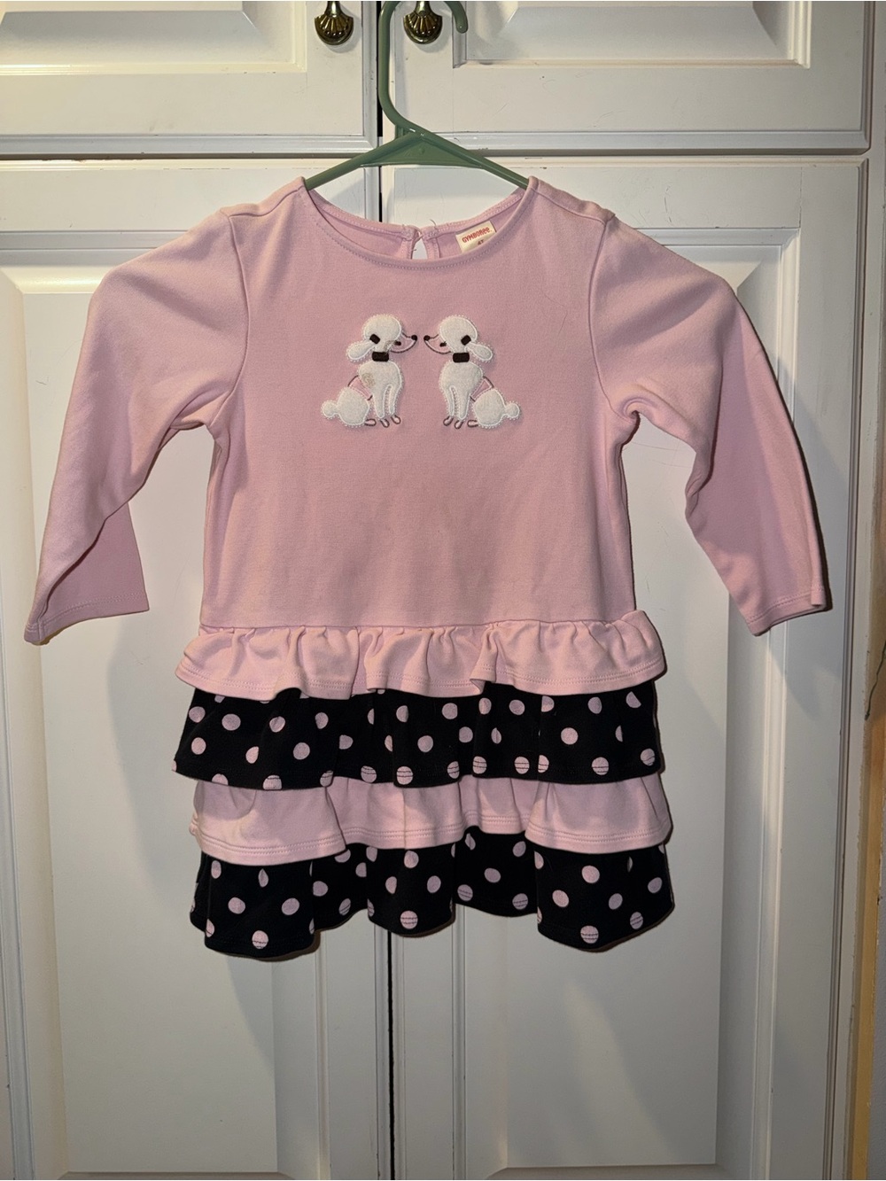Gymboree Pink and Black Polka Dot Ruffle Dress With Poodle Embroidery